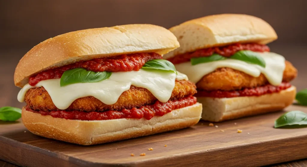 A crispy chicken parm sandwich with marinara sauce, melted mozzarella, and fresh basil on a toasted Italian roll.