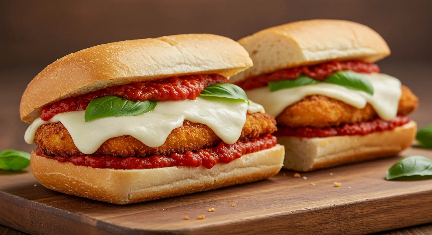 A crispy chicken parm sandwich with marinara sauce, melted mozzarella, and fresh basil on a toasted Italian roll.