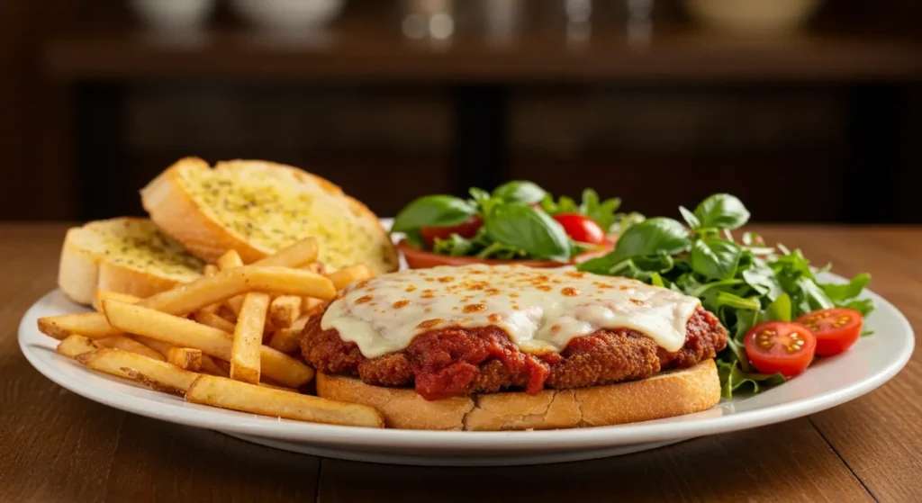 A chicken parm sandwich served with garlic bread, pasta salad, and crispy French fries on a rustic plate.
