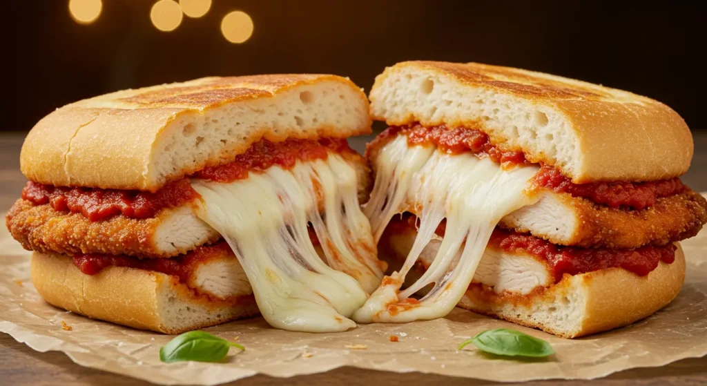 lose-up of a chicken parm sandwich with melted mozzarella cheese stretching between two halves.