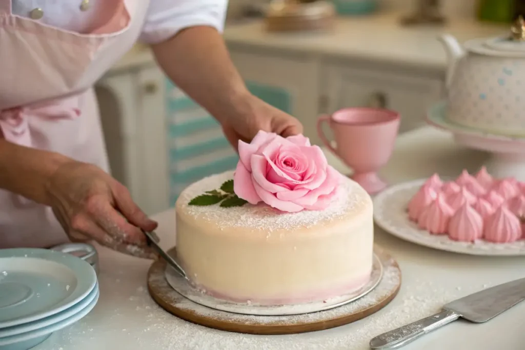 A baker adding the final touch to a princess cake with a marzipan rose.