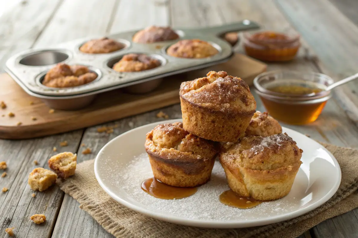 Freshly baked cinnamon sugar French toast muffins with maple syrup