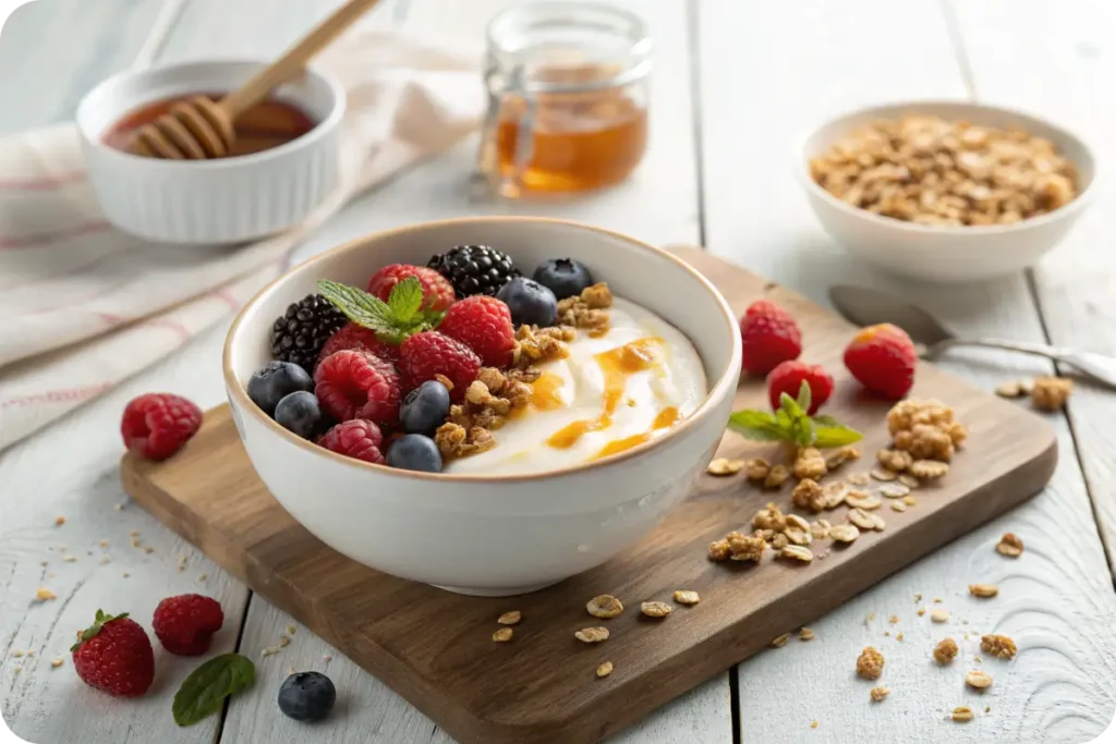Thick and creamy Fage Yogurt topped with fresh berries and honey