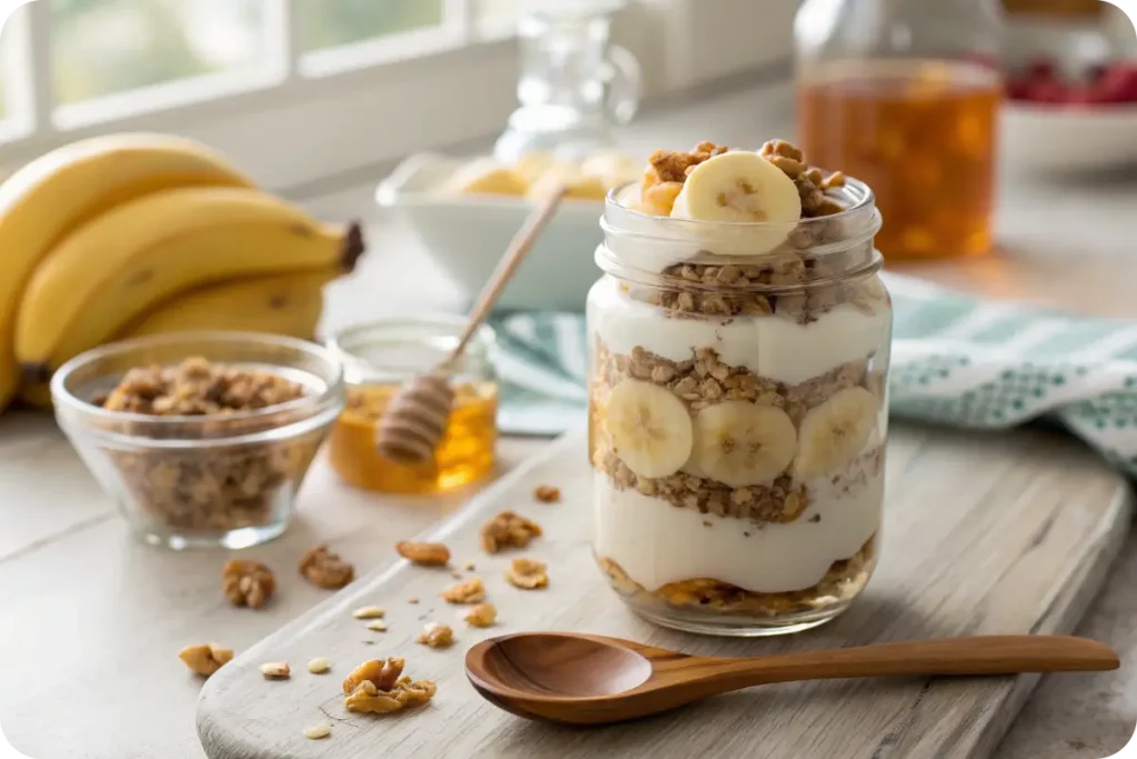 Greek yogurt parfait with granola, bananas, and honey
