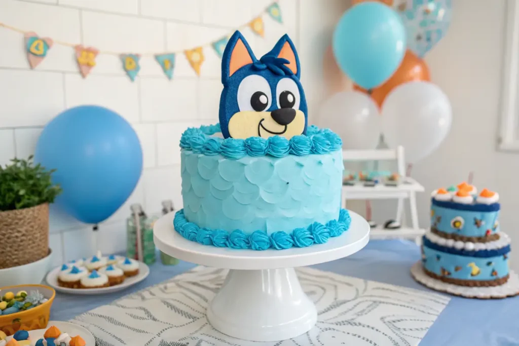 Stunning Bluey-themed birthday cake with blue buttercream and fondant details.