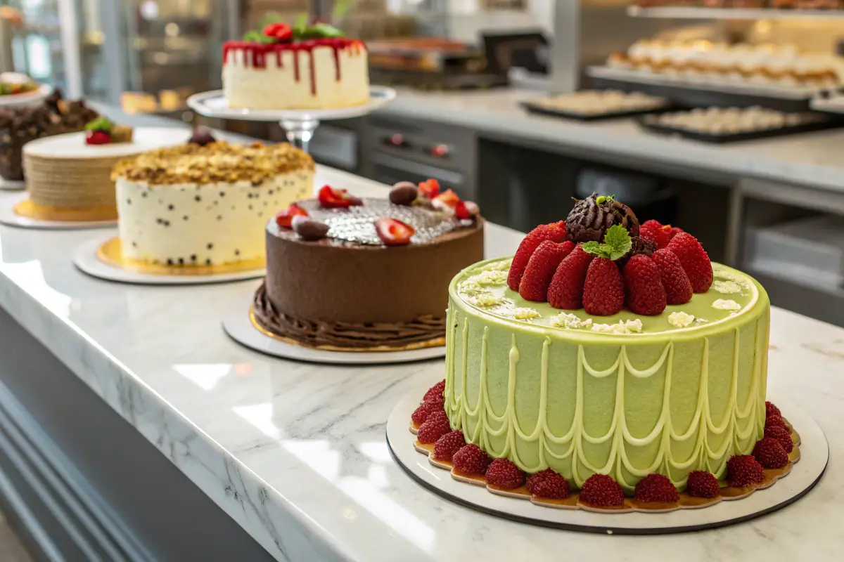 A stunning cake display showcasing a variety of cake flavors.