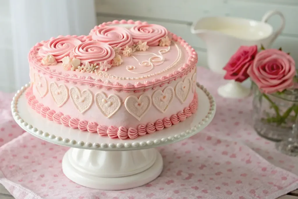 Vintage heart cake with pink buttercream piping.
