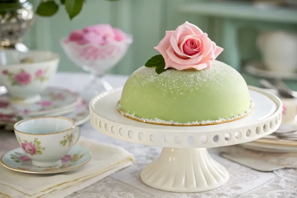 Princess cake with a green marzipan dome and a pink rose on top.