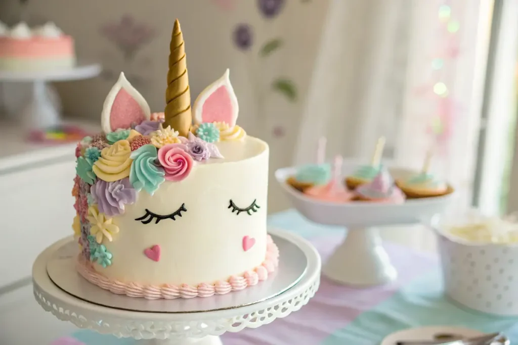 Unicorn cake with a golden horn and pastel buttercream mane on a white cake stand.