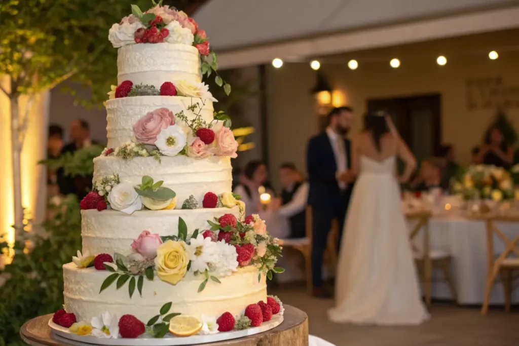  A tiered wedding cake with elegant floral decorations.