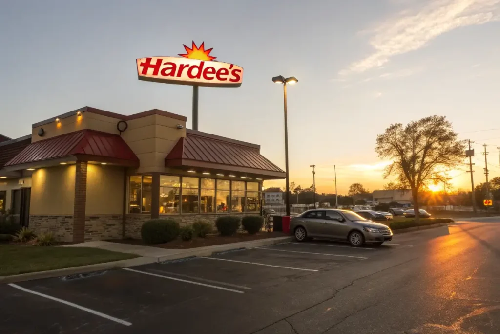 Hardee’s restaurant at sunrise with a glowing sign.