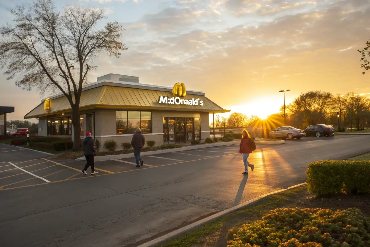 McDonald's restaurant exterior at sunrise, ready for breakfast.