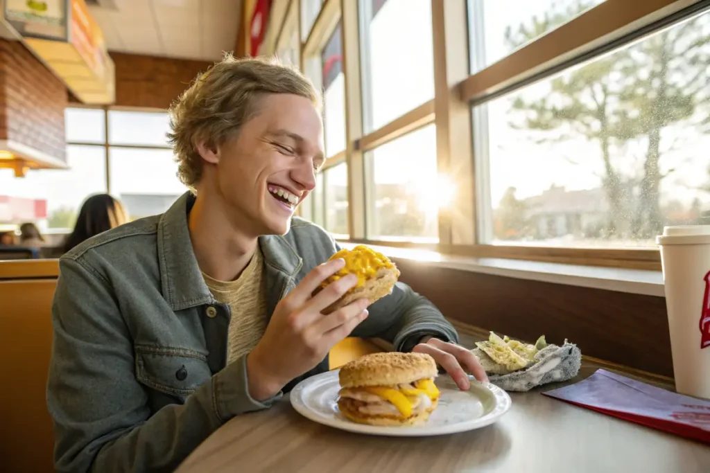 A happy customer enjoying a Hardee’s biscuit sandwich in the morning.

