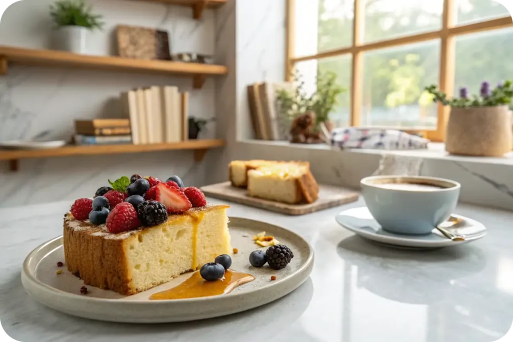 A slice of yogurt cake served with fresh berries and honey.
