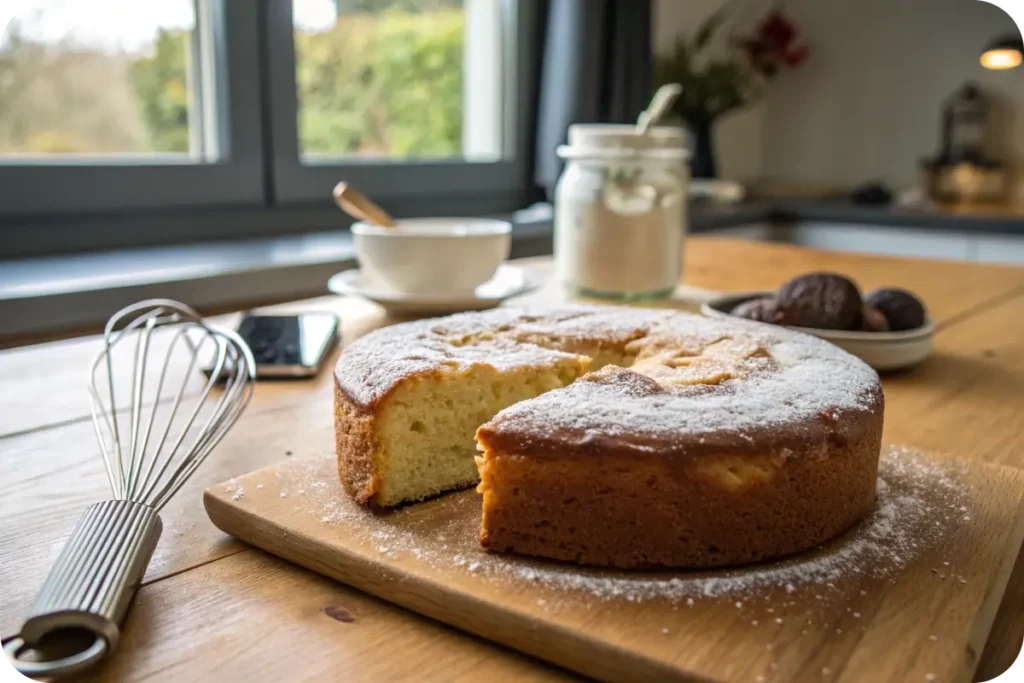 Close-up of a freshly baked 5 ingredient yogurt cake in a beautiful kitchen.