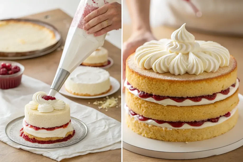 Step-by-step process of assembling a princess cake with jam and cream layers.