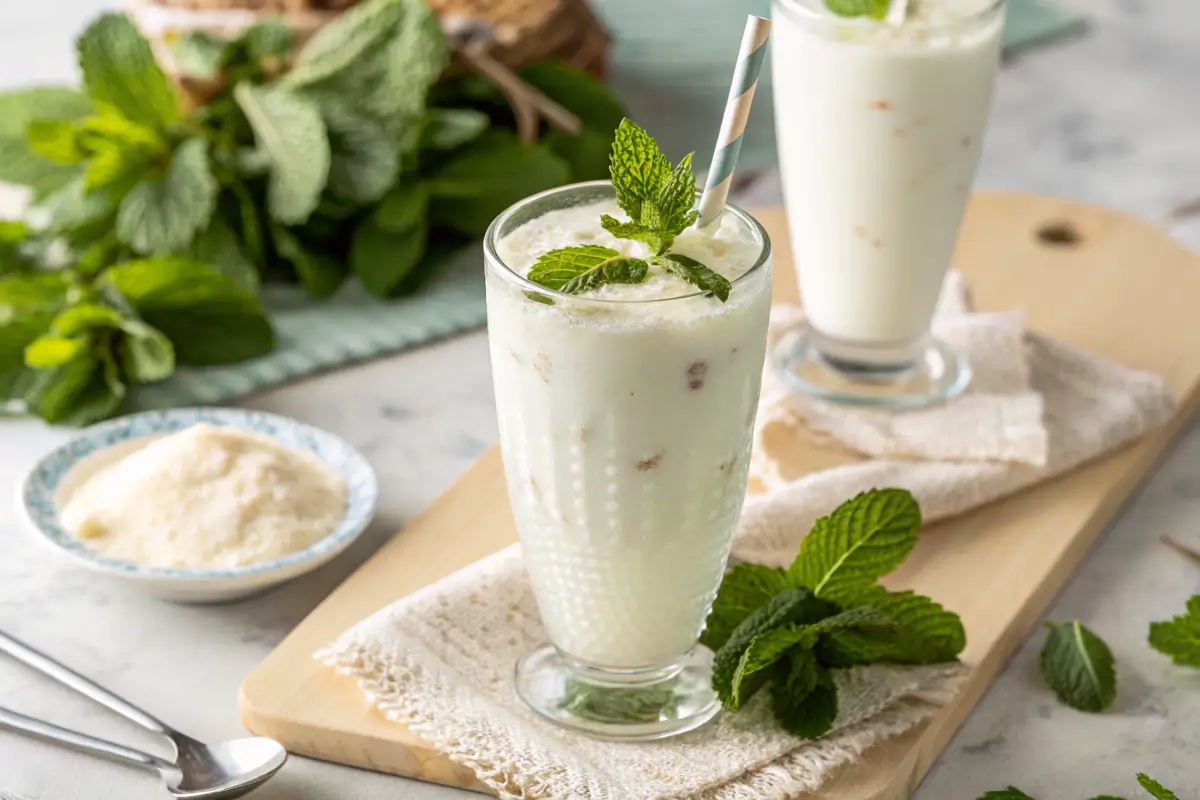 Refreshing cold yogurt drink in a tall glass with mint garnish.