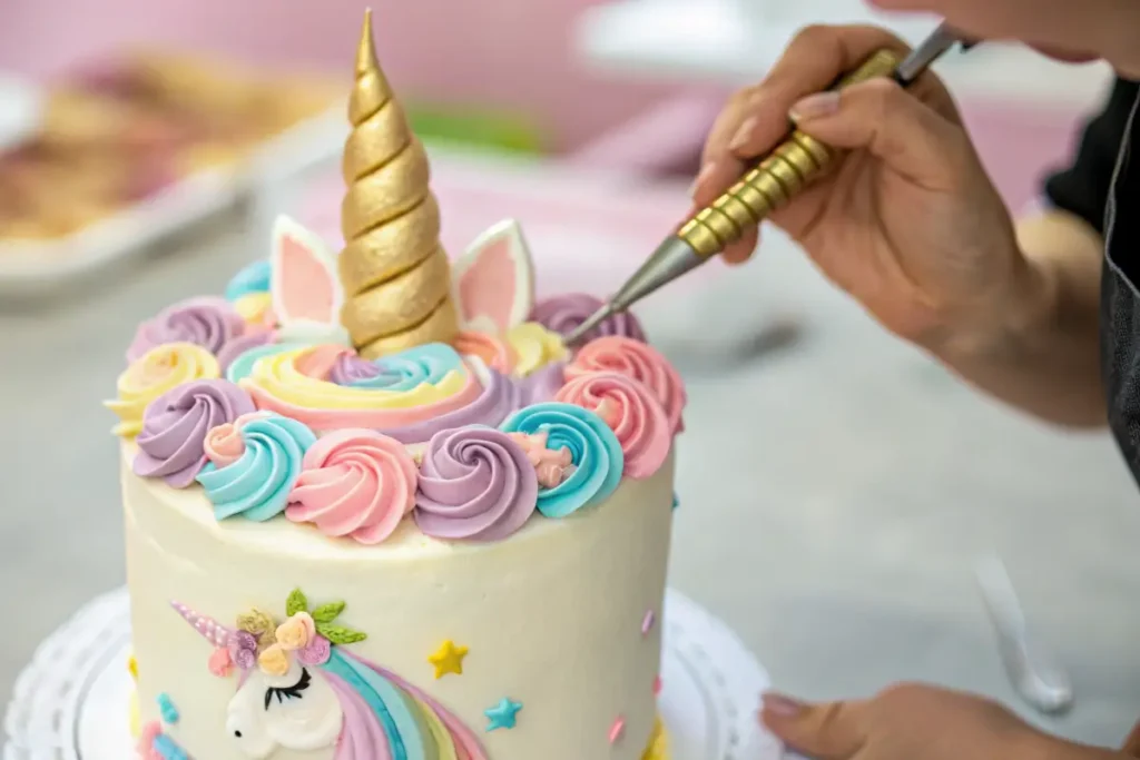 Baker piping colorful buttercream swirls onto a unicorn cake for the mane.
