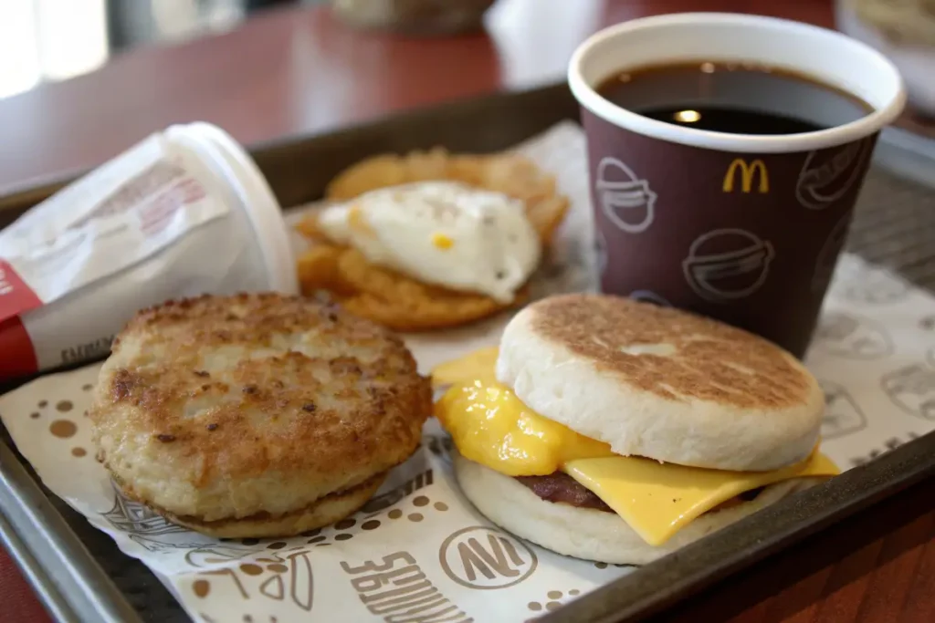 A McDonald's breakfast tray with an Egg McMuffin, hash brown, and coffee.