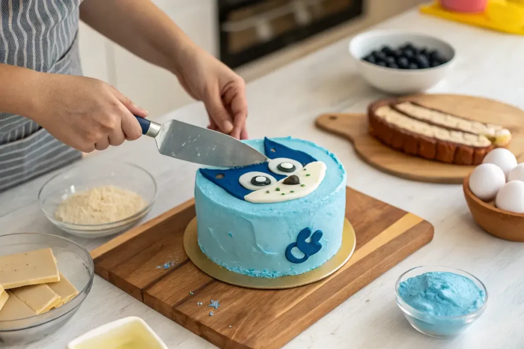 A baker decorating a Bluey cake with blue buttercream and fondant details.