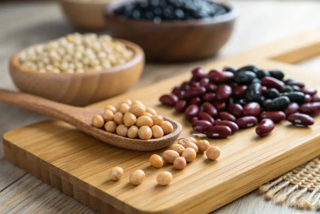 A variety of beans used in dense bean salad, including chickpeas and black beans.