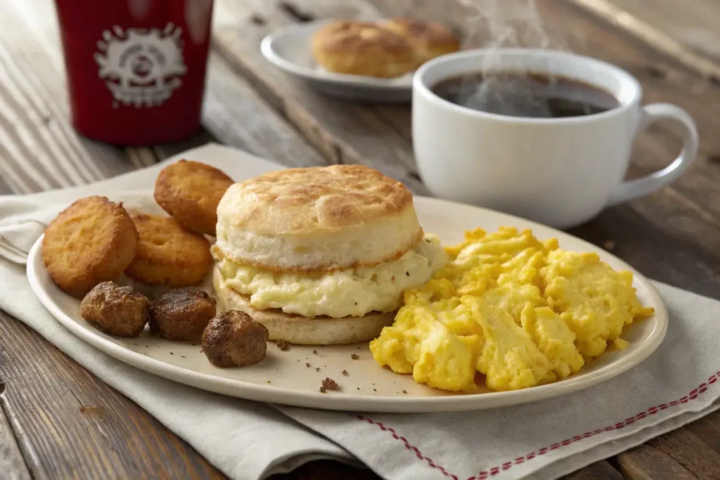 Hardee’s breakfast platter with biscuits, eggs, and hash rounds.