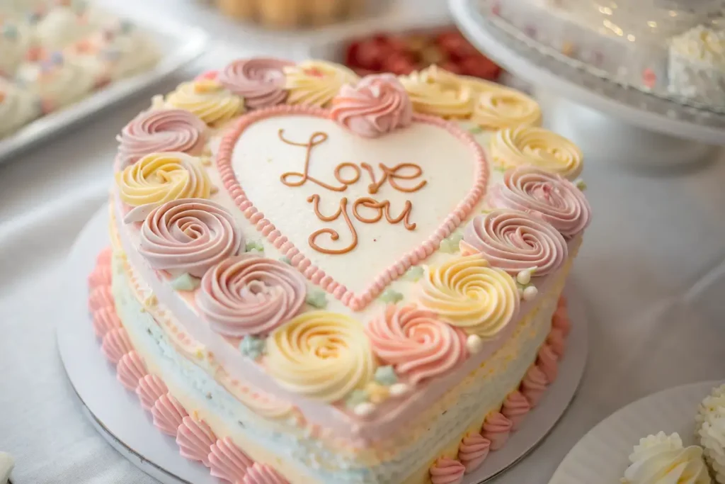 ecorated heart cake with pastel buttercream and piping.