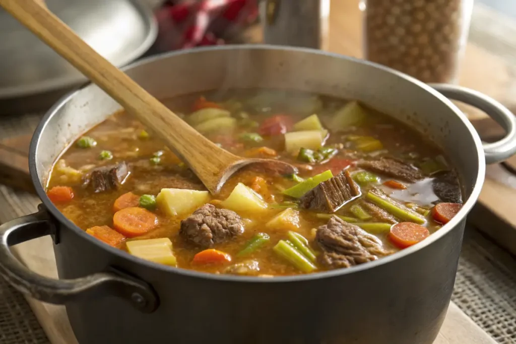 A pot of simmering old-fashioned vegetable beef soup with tender beef and fresh vegetables.
