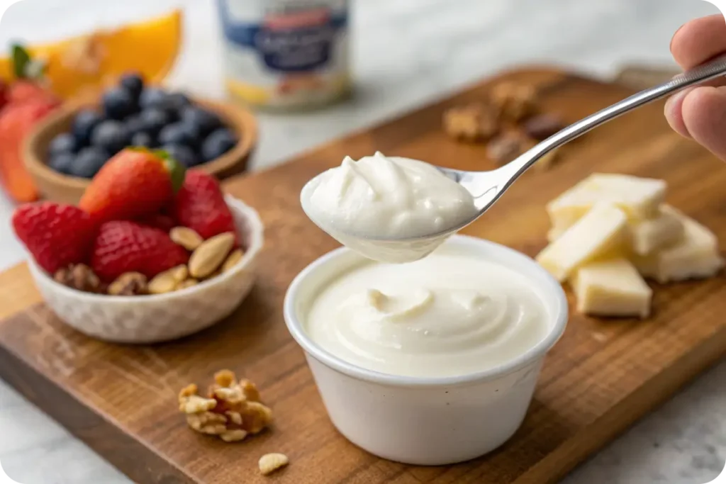 Spoonful of creamy Fage Yogurt with a smooth texture