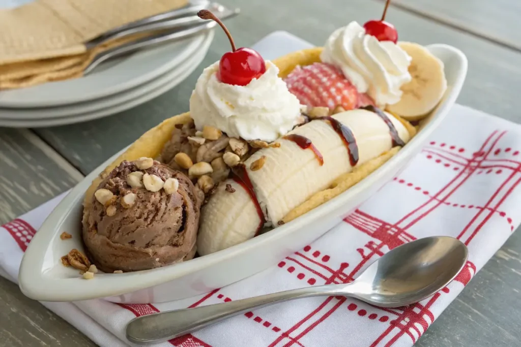 Classic banana split with three scoops of ice cream and toppings