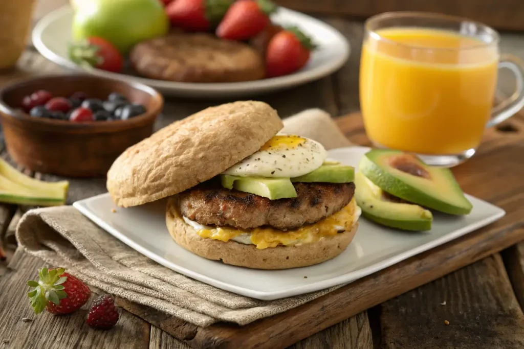 Homemade healthy breakfast sandwich with turkey sausage and avocado.