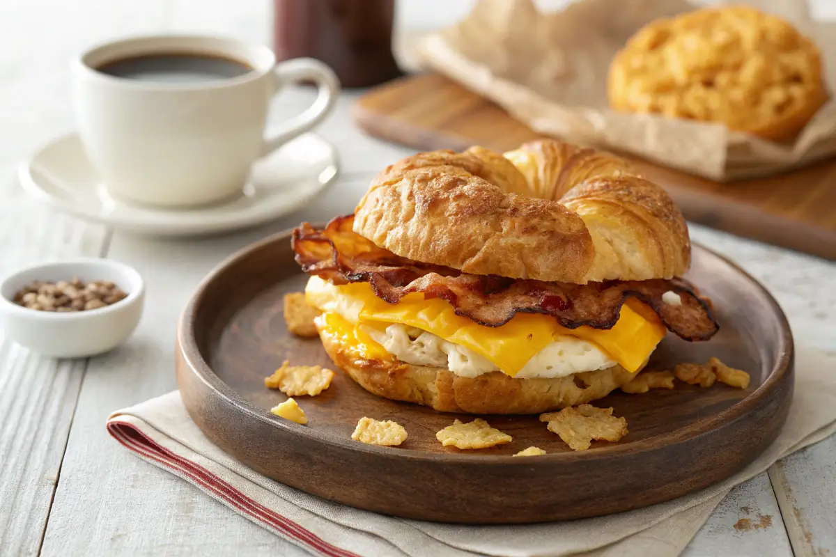 Arby’s breakfast sandwich with bacon, egg, and cheese on a croissant.