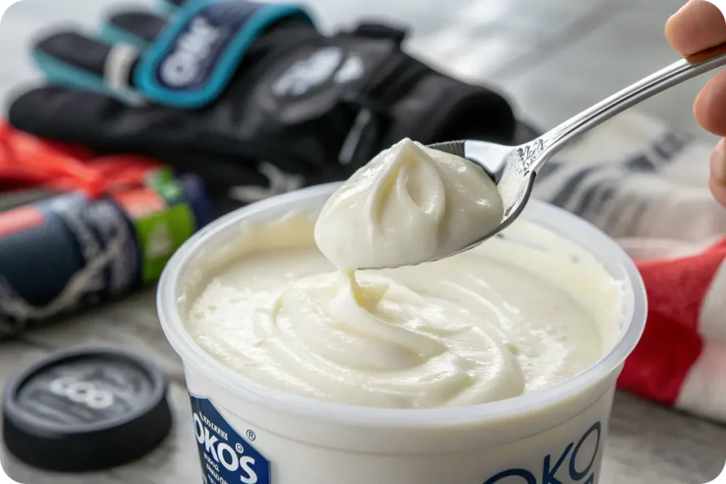 Spoonful of thick Oikos yogurt with a blurred fitness background