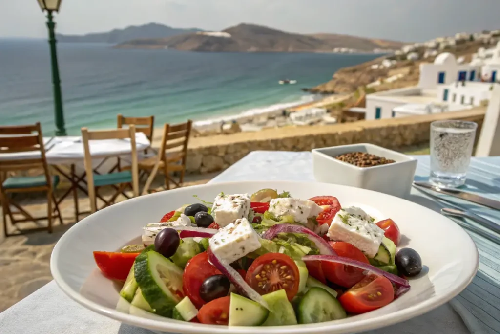 This image depicts a family-style serving of Salade Grecque, set against a scenic Mediterranean backdrop, perfect for a summer feast.