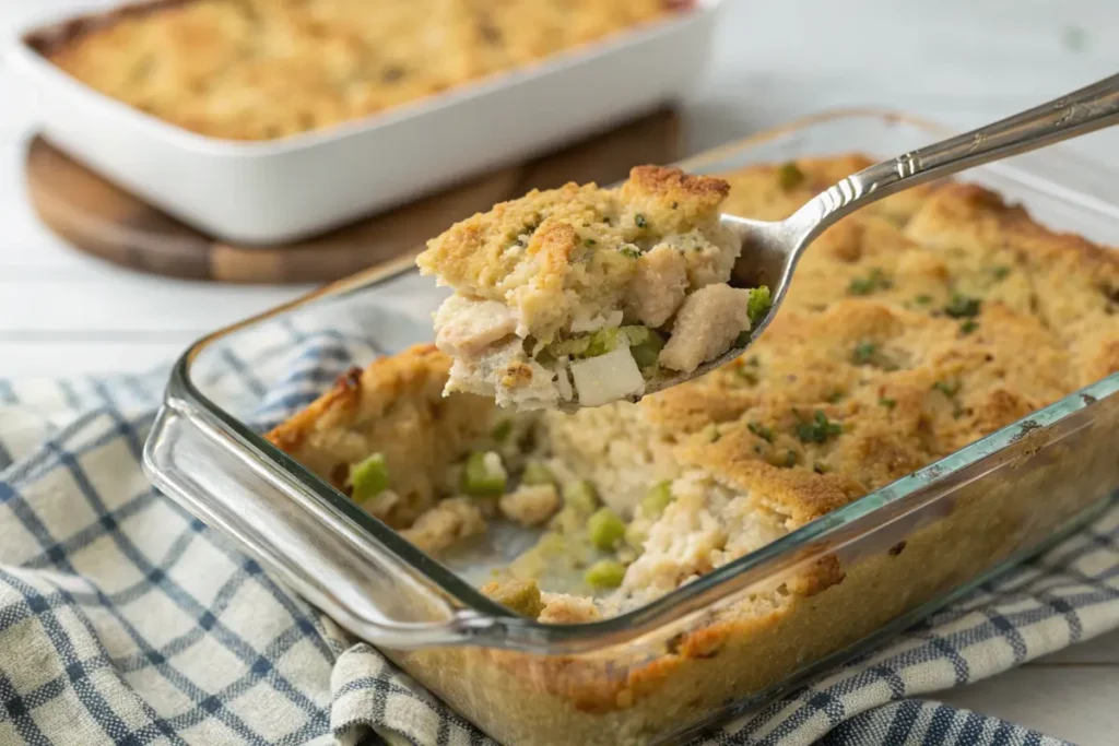 Baked chicken and dressing casserole with a golden crust