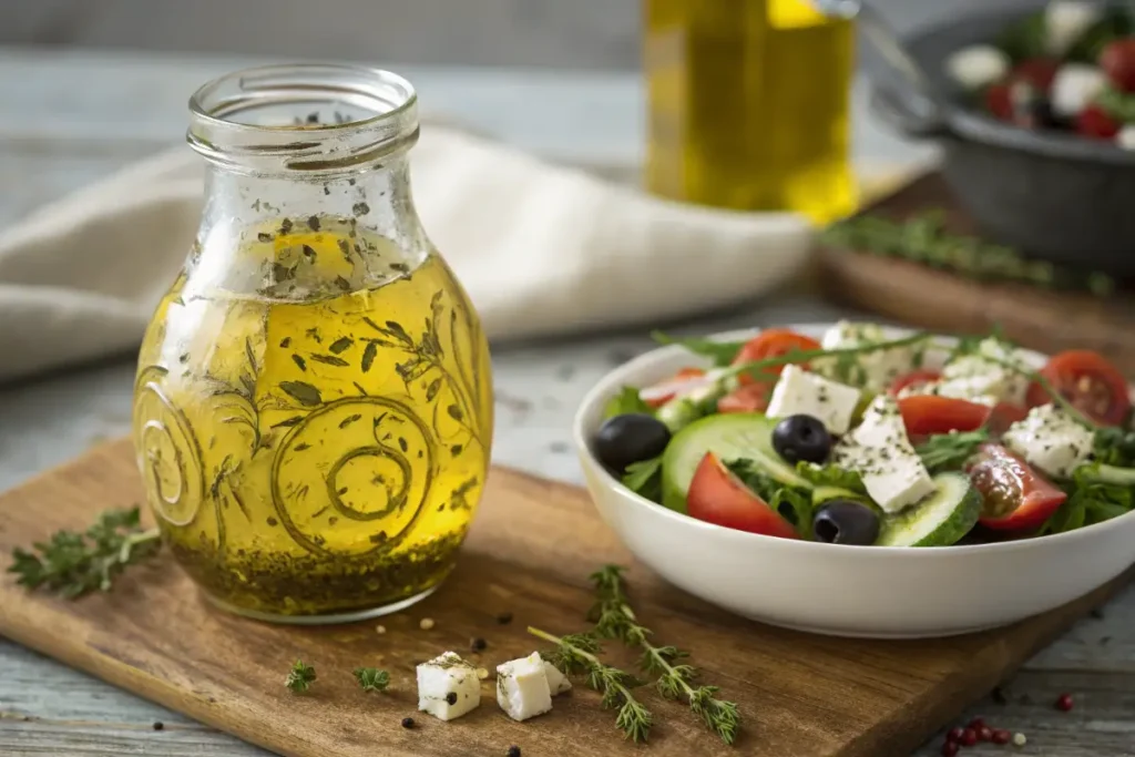 Un bocal de sauce salade grecque maison avec huile d’olive et herbes, à côté d’une salade grecque fraîche