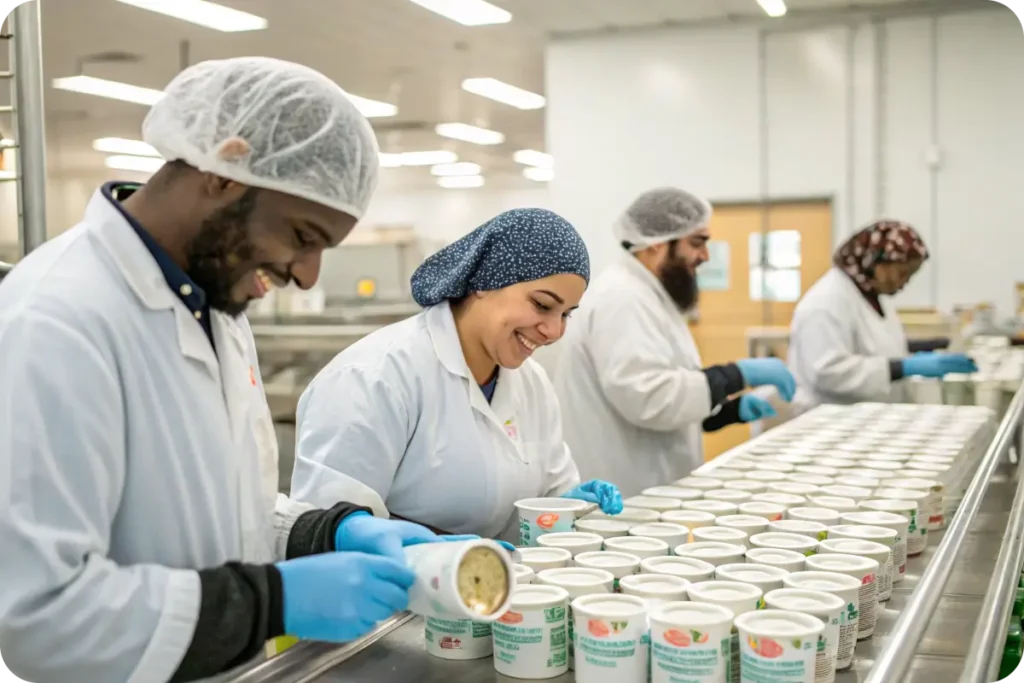 Diverse Chobani employees working in a yogurt factory.
