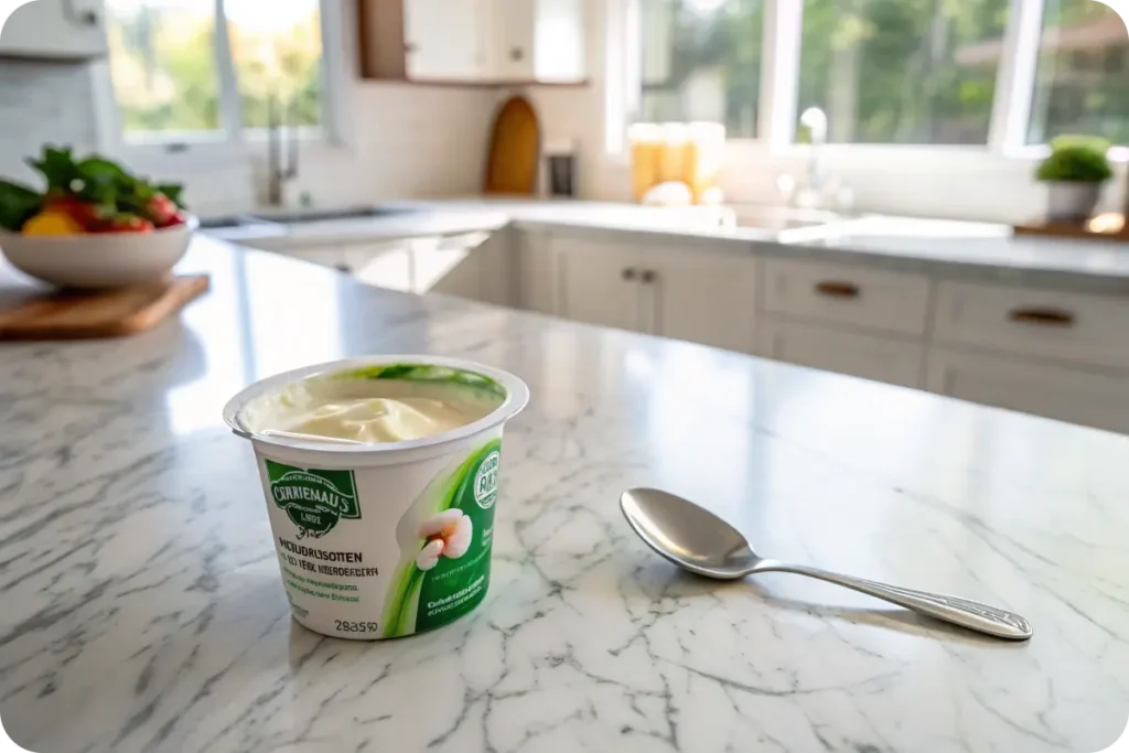 A creamy cup of Activia yogurt on a marble kitchen countertop.