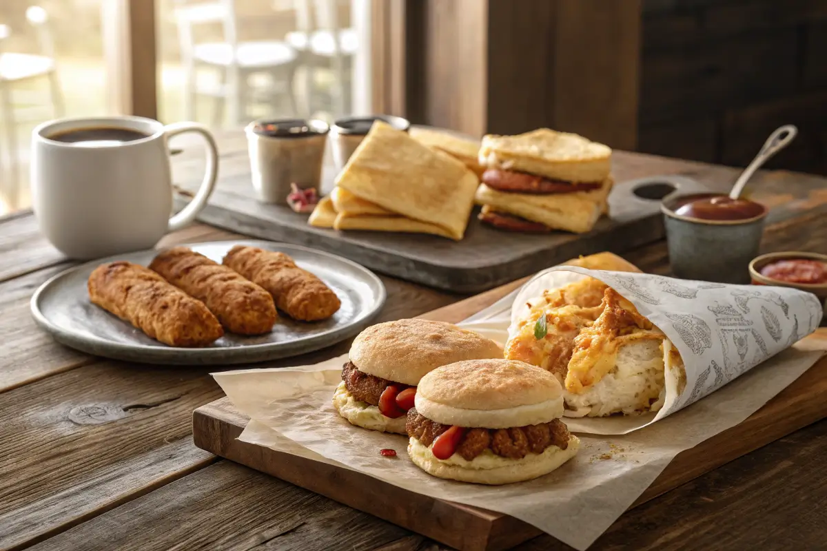 A variety of Popeyes breakfast items including chicken biscuits, muffins, and wraps on a wooden table.