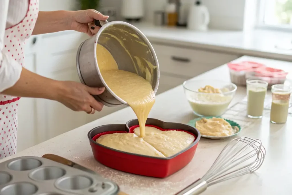 Baker pouring cake batter into a heart-shaped pan.