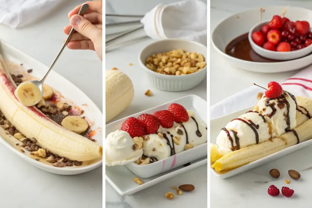 Step-by-step process of making a classic banana split