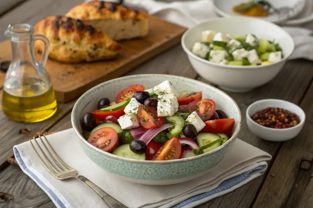 Une salade grecque fraîche avec de la sauce maison, servie avec du poulet grillé.