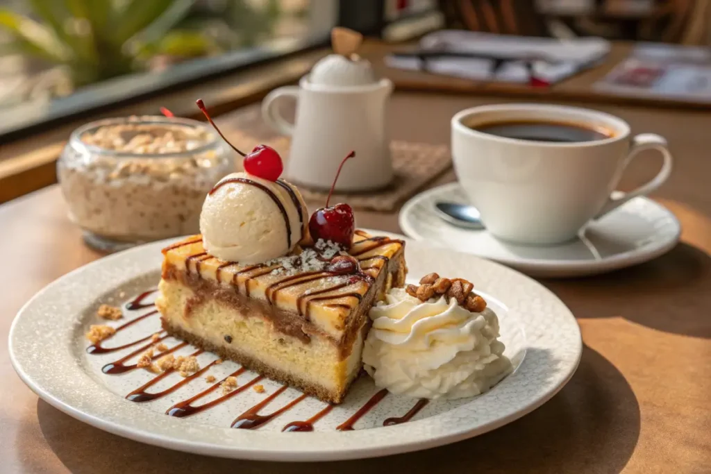A slice of banana split cake served with vanilla ice cream and coffee.