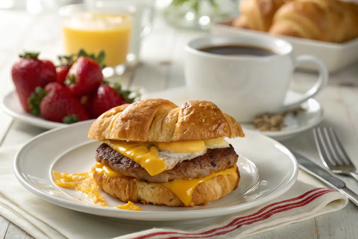 Jimmy Dean breakfast sandwich with melted cheese on a croissant.