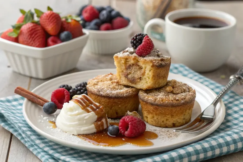 French toast muffins served with maple syrup and fresh berries