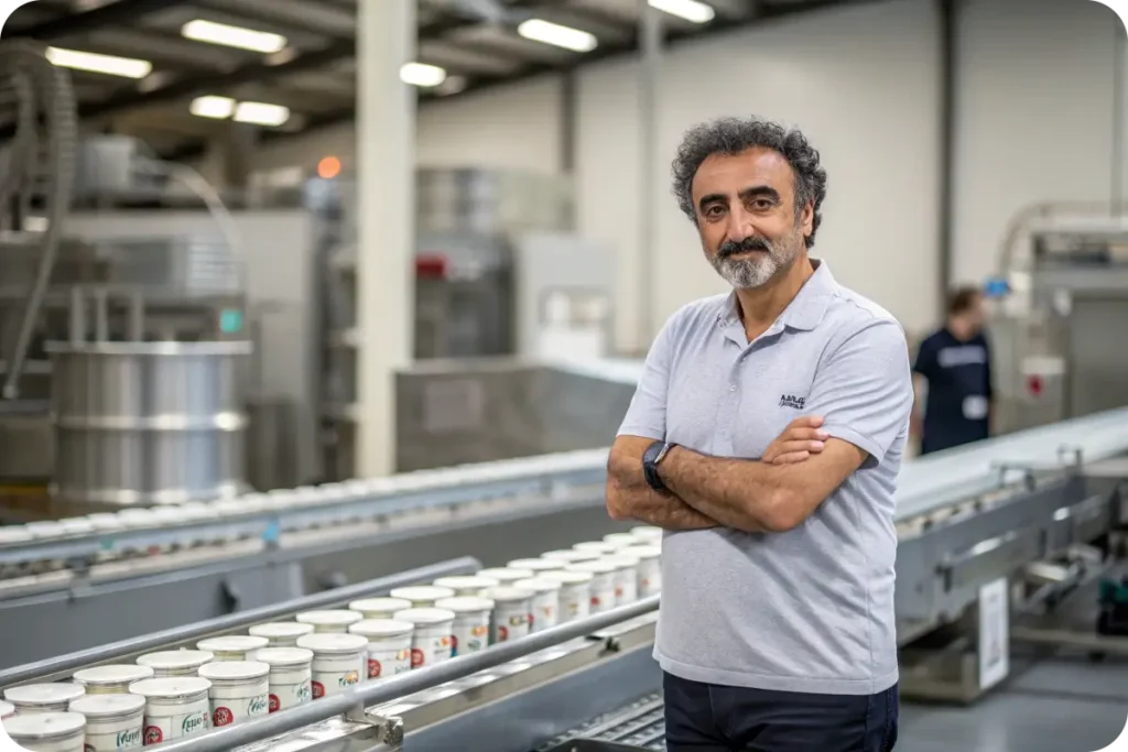 Hamdi Ulukaya, Chobani Yogurt owner, in a yogurt factory