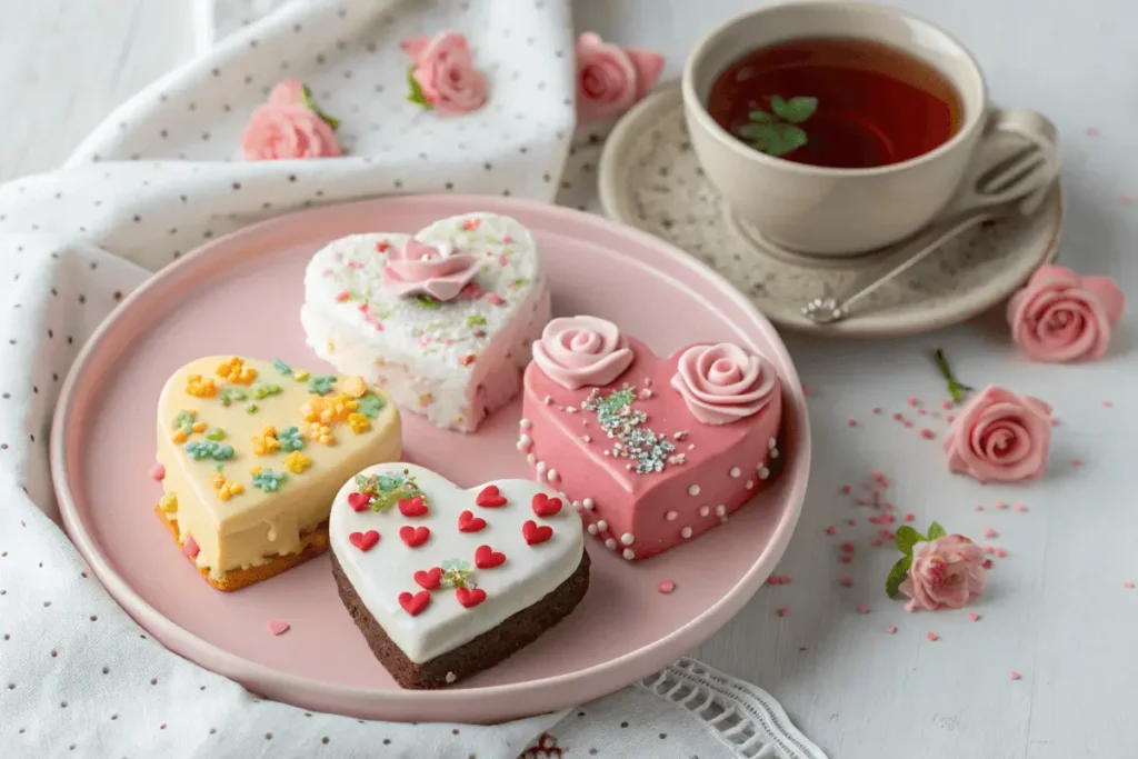 Assorted mini heart cakes with unique decorations.