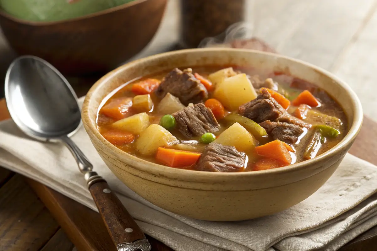 A bowl of homemade old-fashioned vegetable beef soup with fresh vegetables and tender beef.