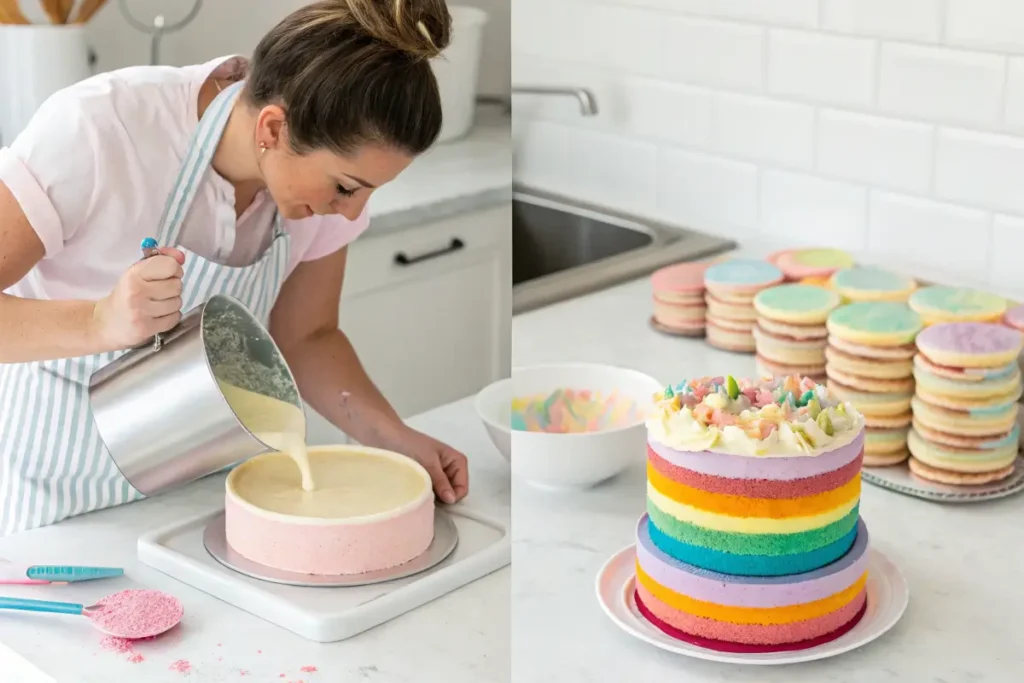 Step-by-step process of making a unicorn cake, from batter to crumb coating.