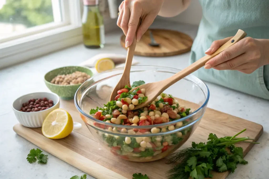 A person mixing a fresh dense bean salad in a glass bowl.
